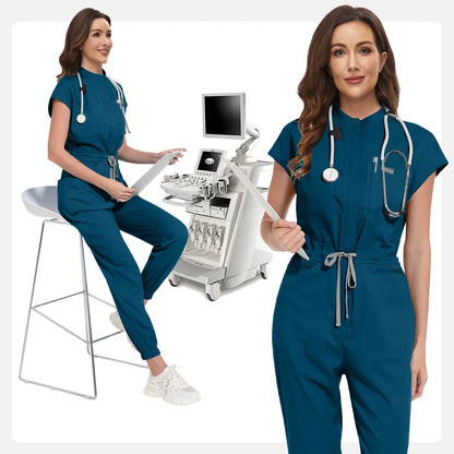 Zipper Neck Jumpsuit Nurse Uniform Short Sleeved Scrubs