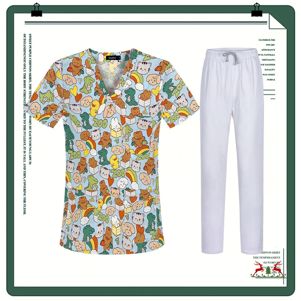 Cartoon Printing Scrubs Tops with Straight Pants