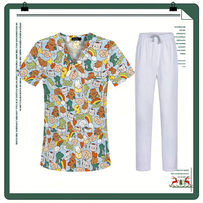 Cartoon Printing Scrubs Tops with Straight Pants