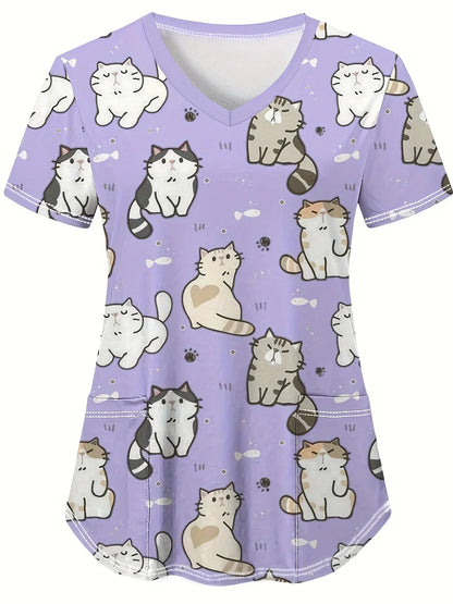 Cat and Dog Print V-Neck Surgical Scrubs