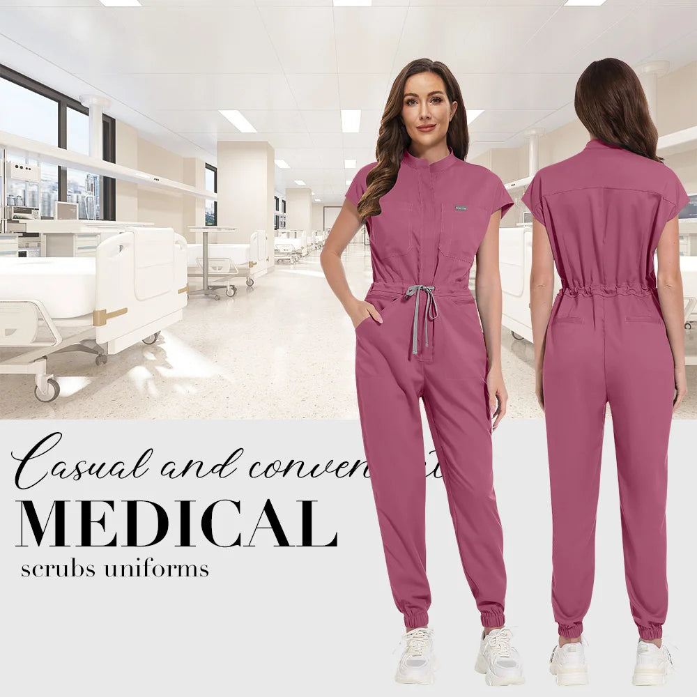 Zipper Neck Jumpsuit Nurse Uniform Short Sleeved Scrubs