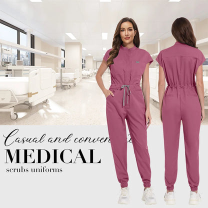 Zipper Neck Jumpsuit Nurse Uniform Short Sleeved Scrubs