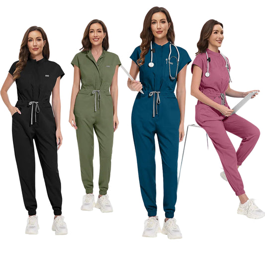 Zipper Neck Jumpsuit Nurse Uniform Short Sleeved Scrubs
