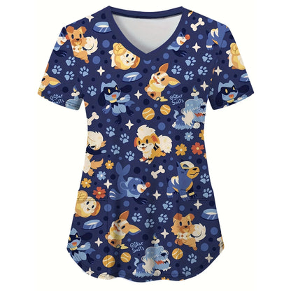 Cat and Dog Print V-Neck Surgical Scrubs