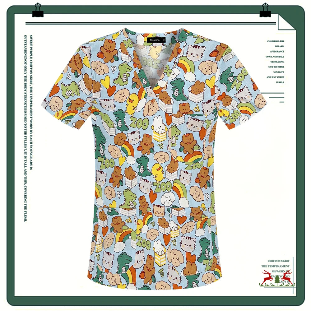 Cartoon Printing Scrubs Tops with Straight Pants