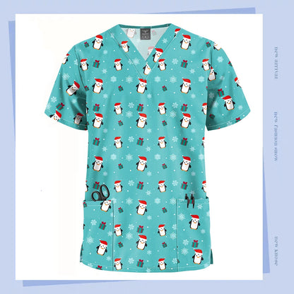 Christmas V Neck Scrub Tops