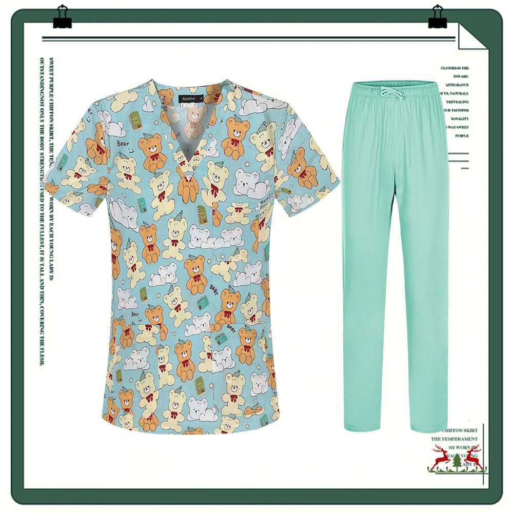 Cartoon Printing Scrubs Tops with Straight Pants