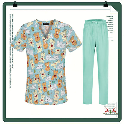 Cartoon Printing Scrubs Tops with Straight Pants