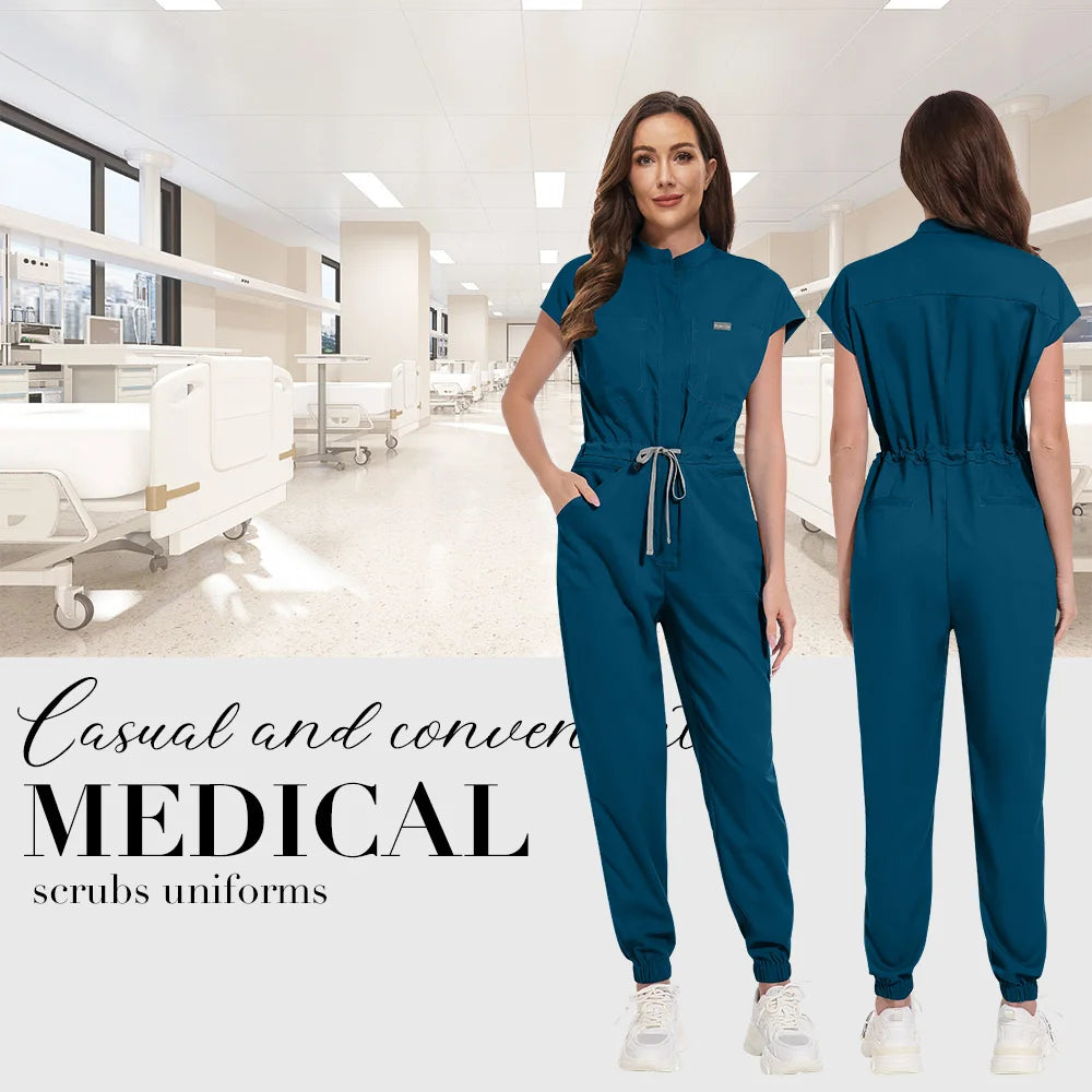 Zipper Neck Jumpsuit Nurse Uniform Short Sleeved Scrubs