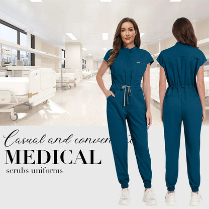 Zipper Neck Jumpsuit Nurse Uniform Short Sleeved Scrubs
