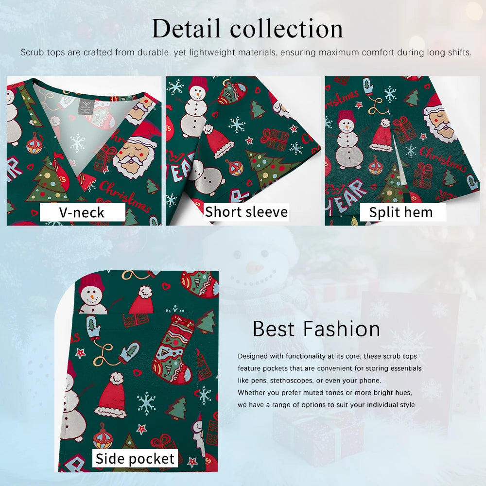 Christmas V Neck Scrub Tops