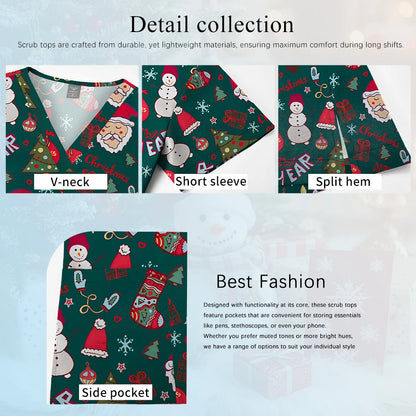 Christmas V Neck Scrub Tops