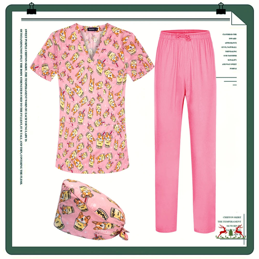Cartoon Printing Scrubs Tops with Straight Pants