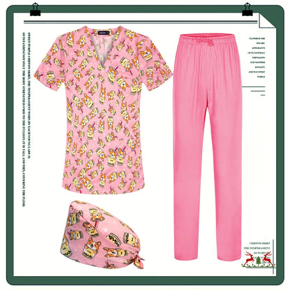 Cartoon Printing Scrubs Tops with Straight Pants