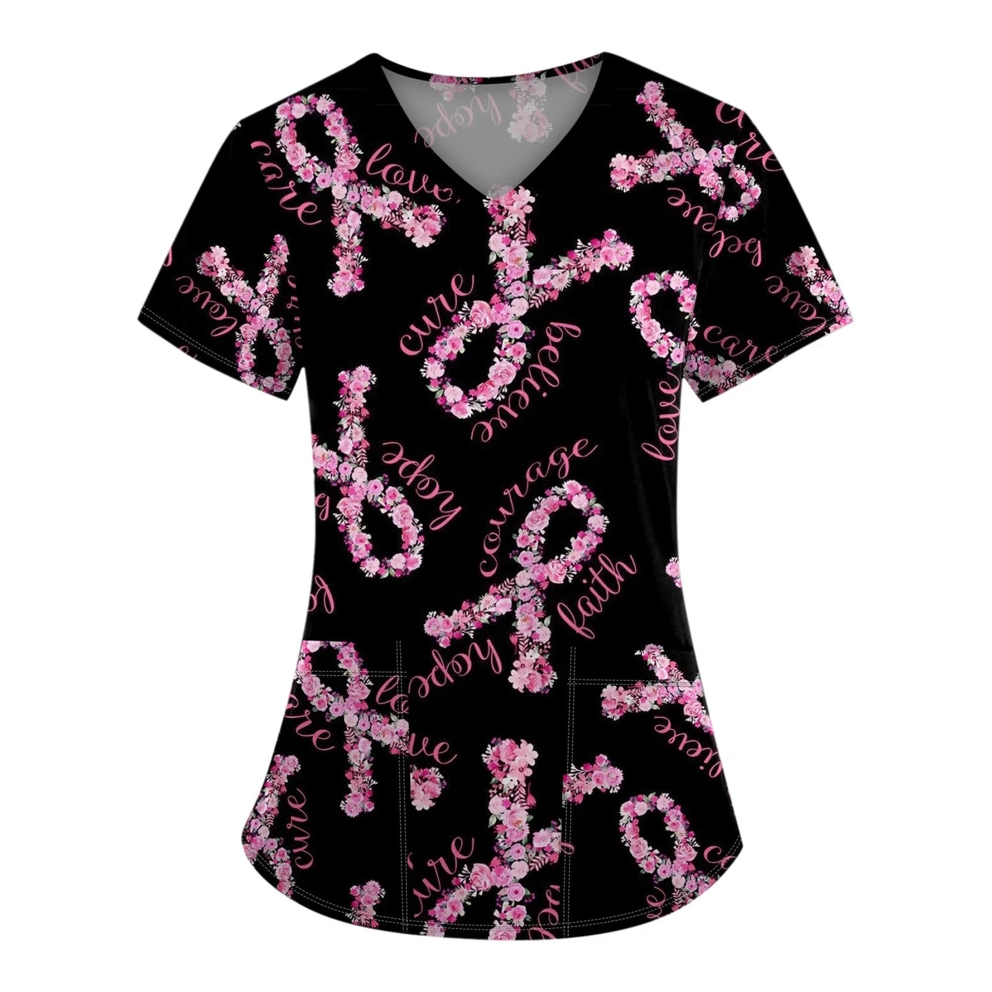 Breast Cancer Scrub Tops for Women V Neck Short Sleeve