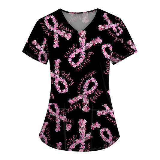 Breast Cancer Scrub Tops for Women V Neck Short Sleeve