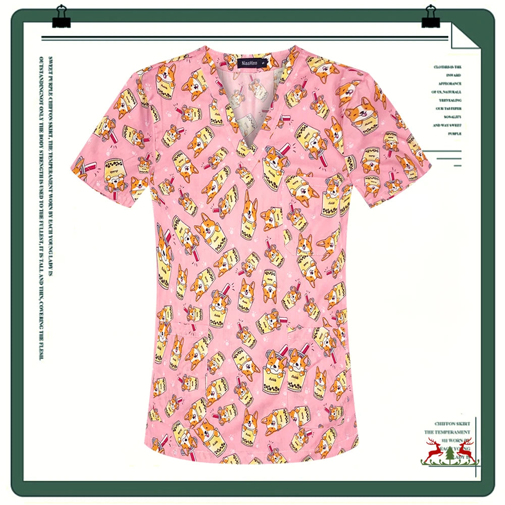 Cartoon Printing Scrubs Tops with Straight Pants