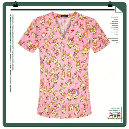 Cartoon Printing Scrubs Tops with Straight Pants