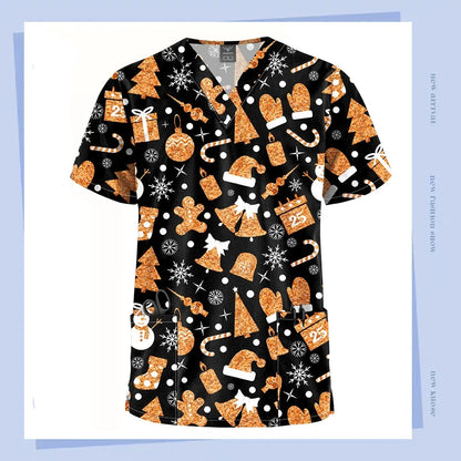 Christmas V Neck Scrub Tops
