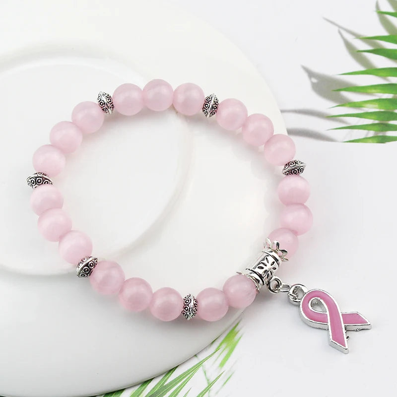 Breast Cancer Awareness Pink Opal Beaded Bracelet