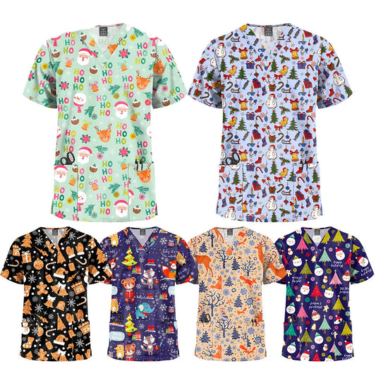 Christmas V Neck Scrub Tops