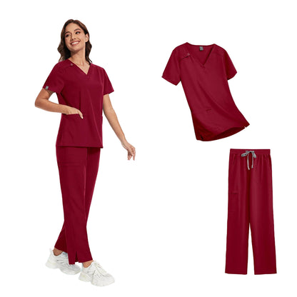 Short Sleeve V-neck Scrubs Tops+ Pants Suit