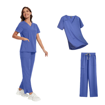 Short Sleeve V-neck Scrubs Tops+ Pants Suit