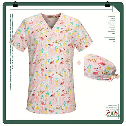 Cartoon Printing Scrubs Tops with Straight Pants