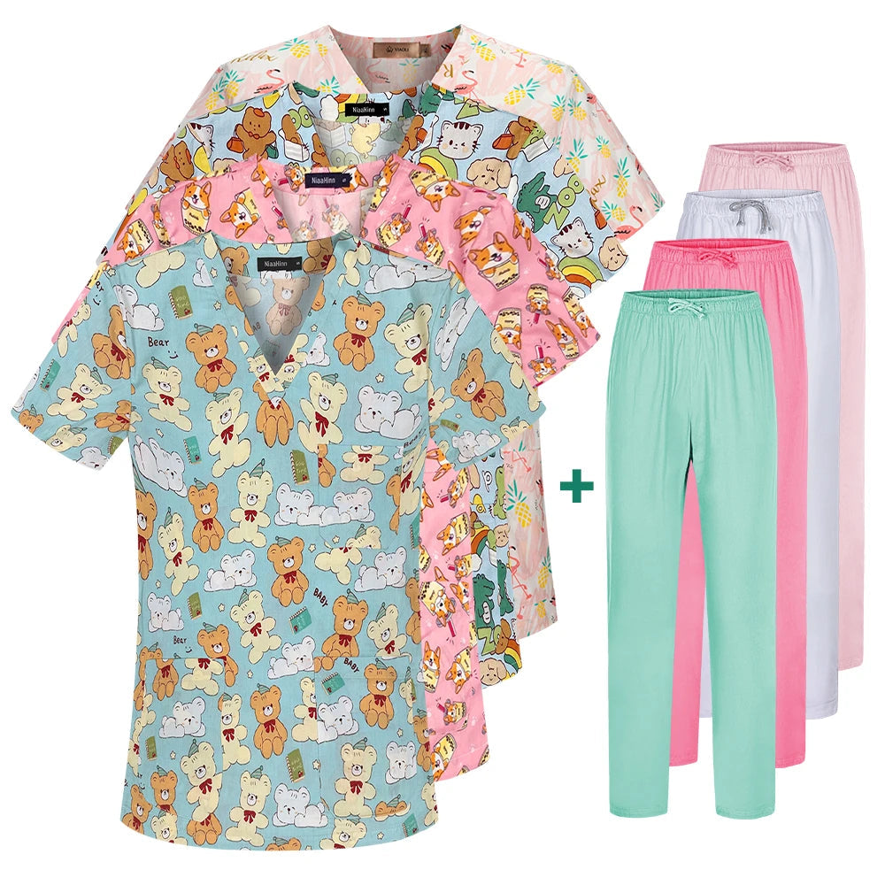 Cartoon Printing Scrubs Tops with Straight Pants