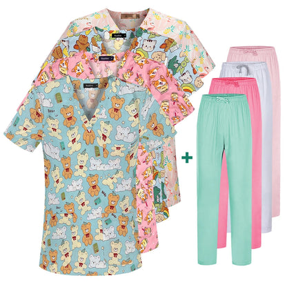 Cartoon Printing Scrubs Tops with Straight Pants