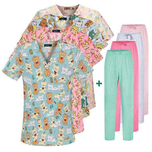 Cartoon Printing Scrubs Tops with Straight Pants