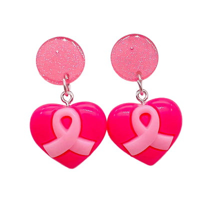 Pink Heart Ribbon Teardrop Dangling Earrings