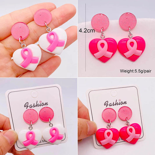 Pink Heart Ribbon Teardrop Dangling Earrings