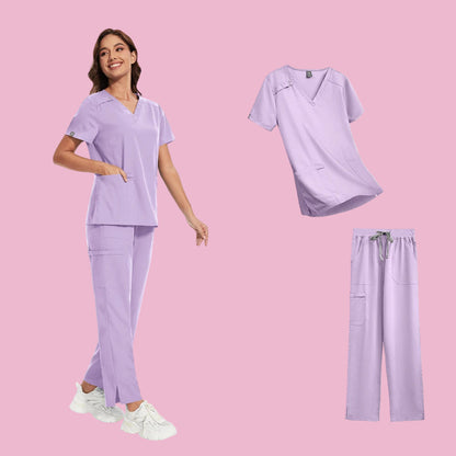 Short Sleeve V-neck Scrubs Tops+ Pants Suit