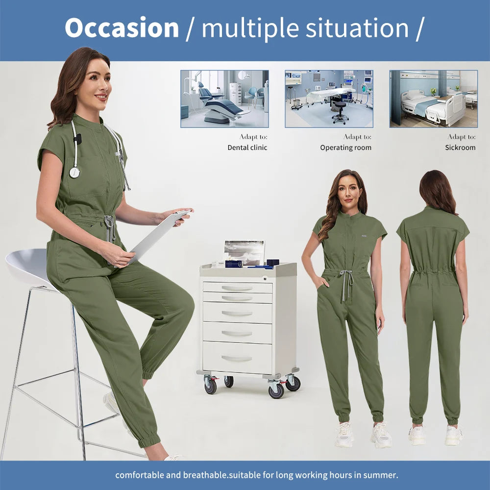 Zipper Neck Jumpsuit Nurse Uniform Short Sleeved Scrubs