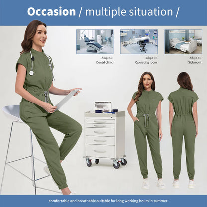 Zipper Neck Jumpsuit Nurse Uniform Short Sleeved Scrubs