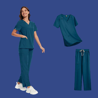 Short Sleeve V-neck Scrubs Tops+ Pants Suit